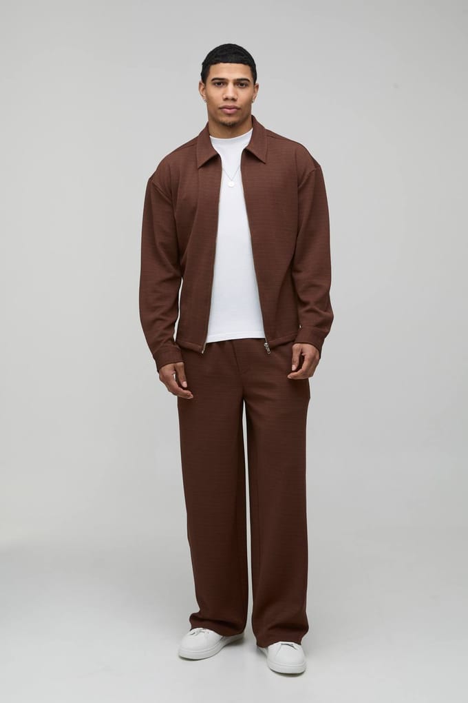 Jersey Visgraat Regular Ritssluiting Harrington & Baggy Broek Set | Brown | Size Medium