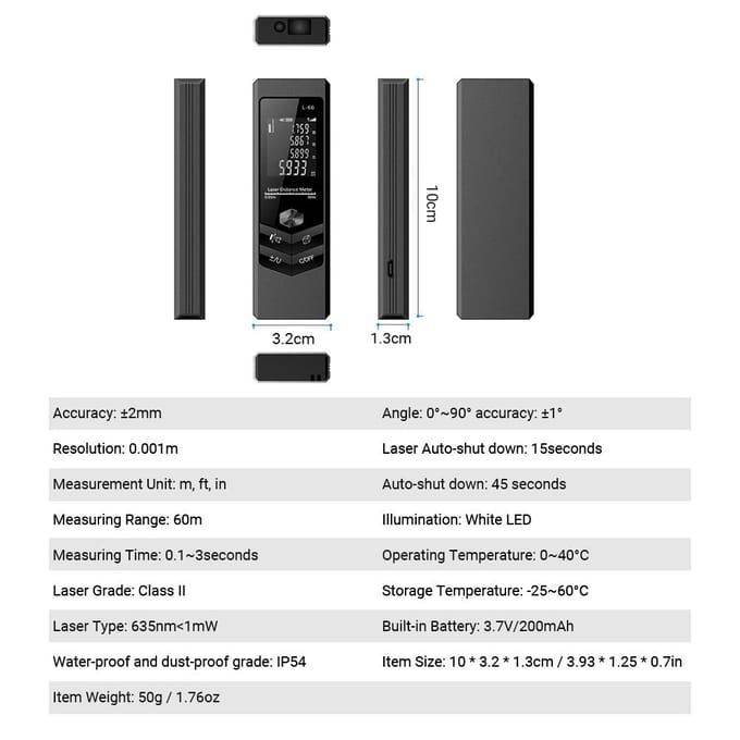 Handheld Afstandsmeter Digitaal Mini Afstand Meetapparaat Laser Afstandsmeter Draagbaar Elektronisch zwart