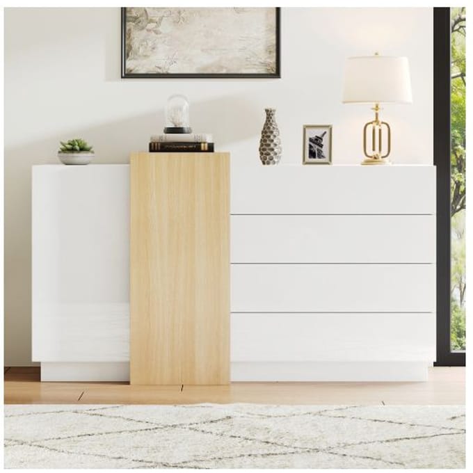 Buffet blanc brillant, meuble de rangement simple et moderne en bois