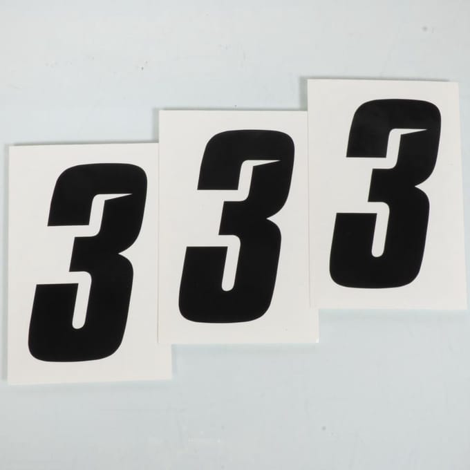 Set van 3 sticker racenummer cijfer 3 zwart Blackbird 10x5cm voor motor
