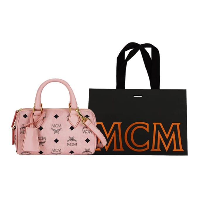 MCM Ella Monogram Gecoat Canvas en Leer Boston Tas Mini Dames handtassen Roze MWBESEA01PZ001 Basic Set (Bag+Dust Bag) beige