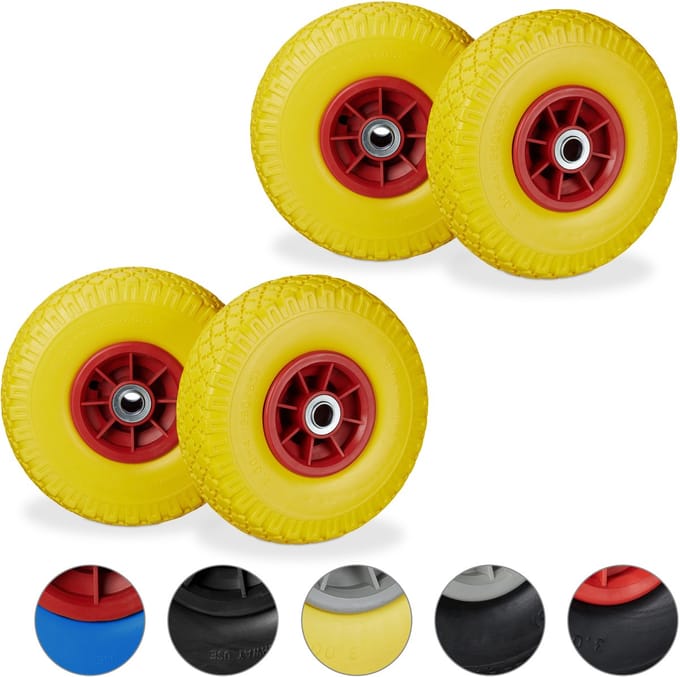 4x steekwagenwiel - 3.00-4 - rubberband - kogellager - 20 mm as - geel-rood