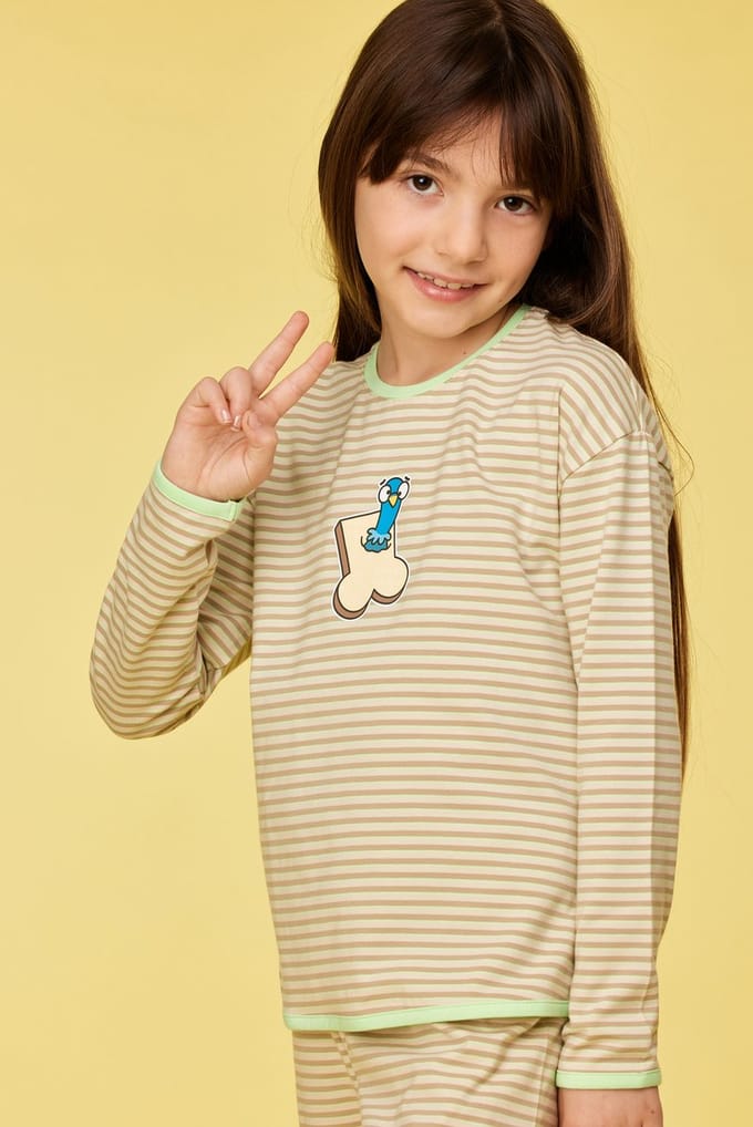 Pyjama meisjes woody groen beige streep