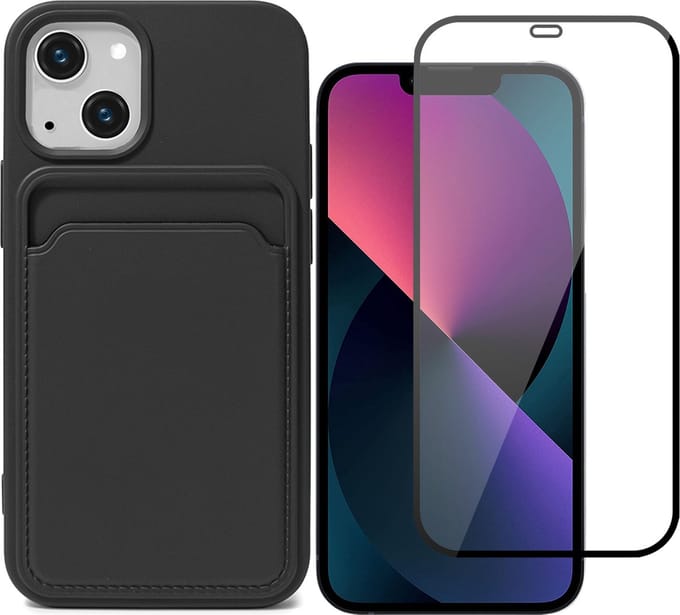 Hoesje Pasjeshouder geschikt voor iPhone 13 Mini Zwart - Siliconen Case Back Cover + Full Screen Protector Glas Screenprotector