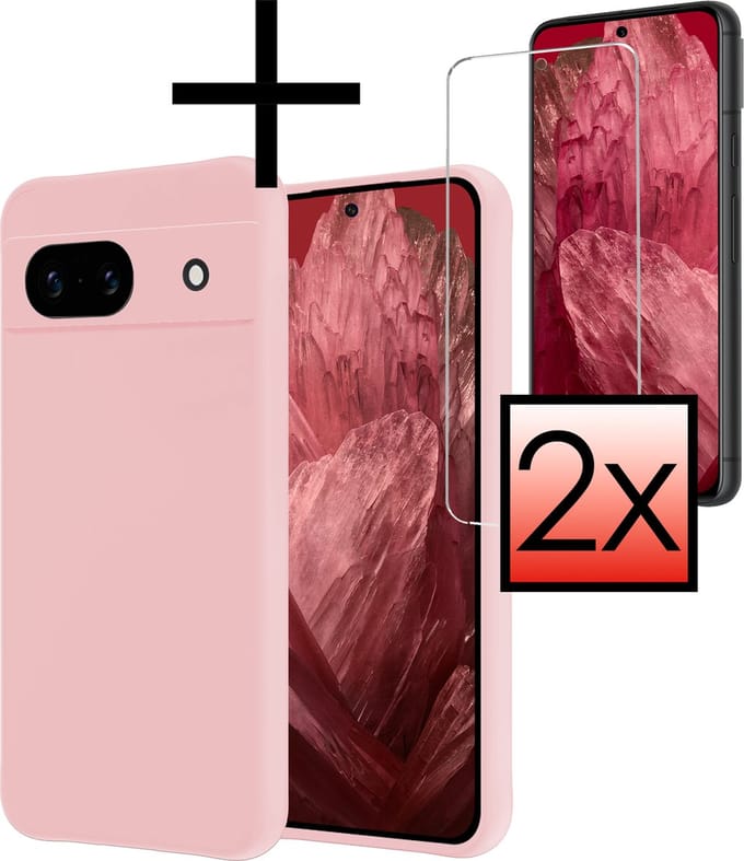 Hoesje - Met 2x Screenprotector - Geschikt voor Google Pixel 8a - Sterk & Shockproof - Back Cover - Siliconen Case - Telefoon Hoes - Lichtroze
