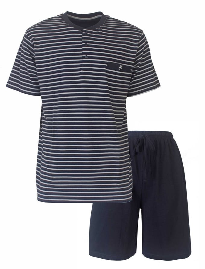 Paul Hopkins Heren Shortama - Pyjama Set - Gestreept - Polo Sluiting - Blauw - Maat S