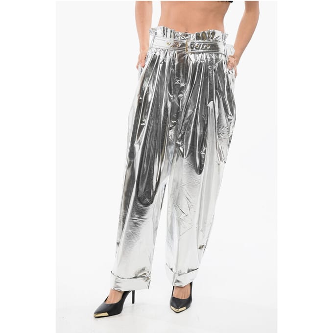 Geplooide, hoog getailleerde baggy-fit broek met metallic effect in zilver