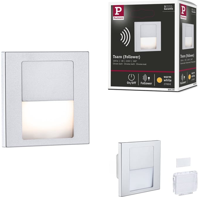 LED-wandinbouwlamp Tsaro hoekig 80x80 mm 1W 80lm 230V 2700K Chroom mat