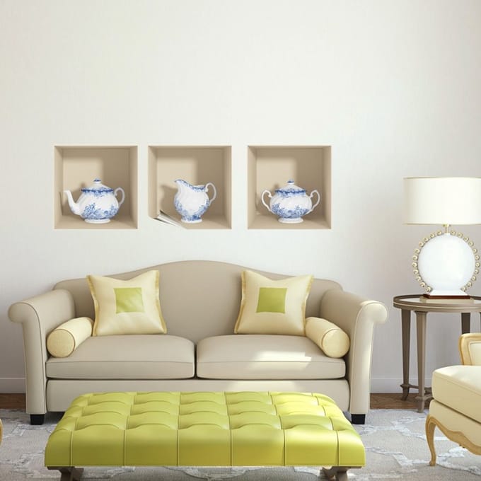 Sticker met 3D-effect, theepot in barokstijl, 30 x 90 cm