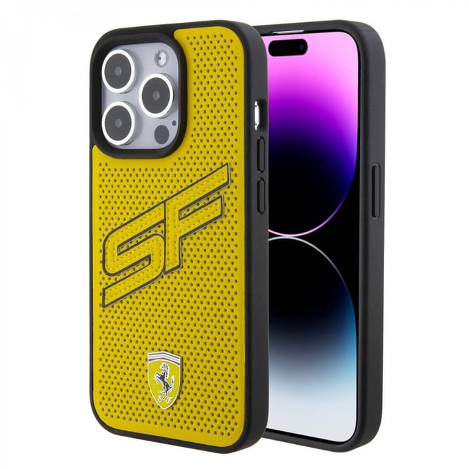 Ferrari Back Cover - Apple iPhone 15 Pro - Geel - Sportief geperforeerd design - Schokabsorberende bumper