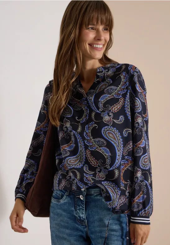 Blouse met lange mouwen, split in de hals en print