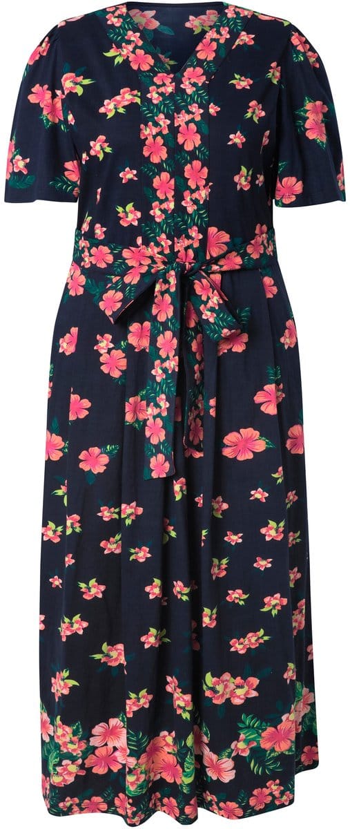 Ulla Popken - Dames - Maxi-jurk bloemen V-hals korte mouwen - Marine - Maat 58+