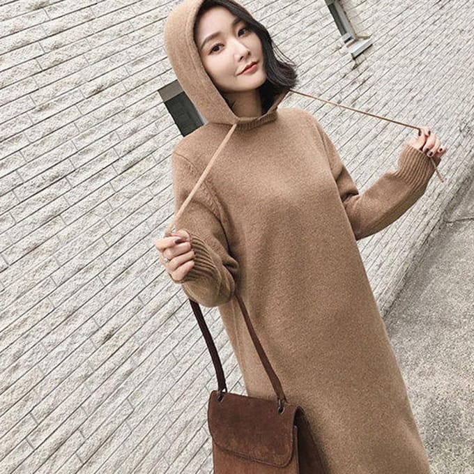 Pull à capuche en tricot épais pour femme, manteau ample mi-long, robe pull tricotée, hiver S gray