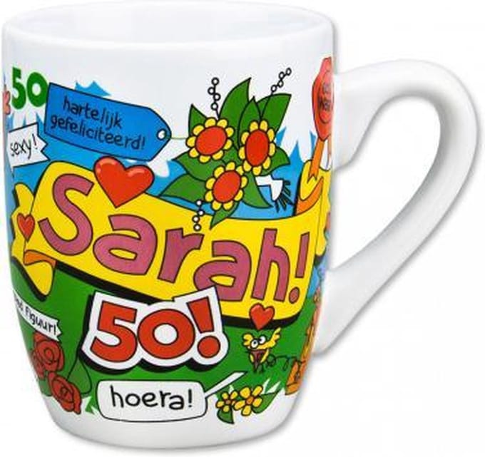 mok cartoon-stijl 50 jaar sarah keramiek 325 ml wit