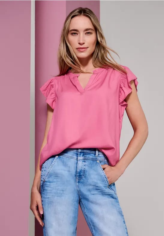 Blouse met split in de hals en volantmouwen