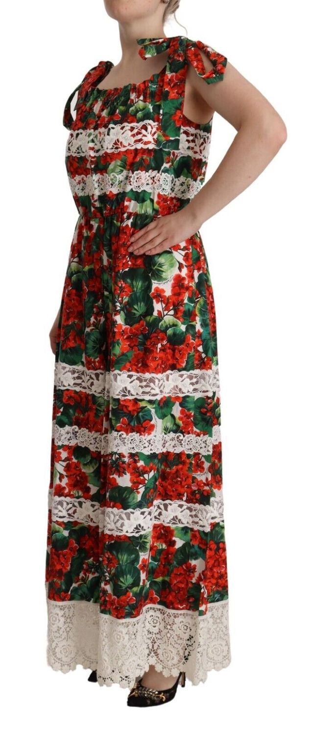 Dolce & Gabbana Multicolor Geranium Print Kant Lange Maxi Dames Dress