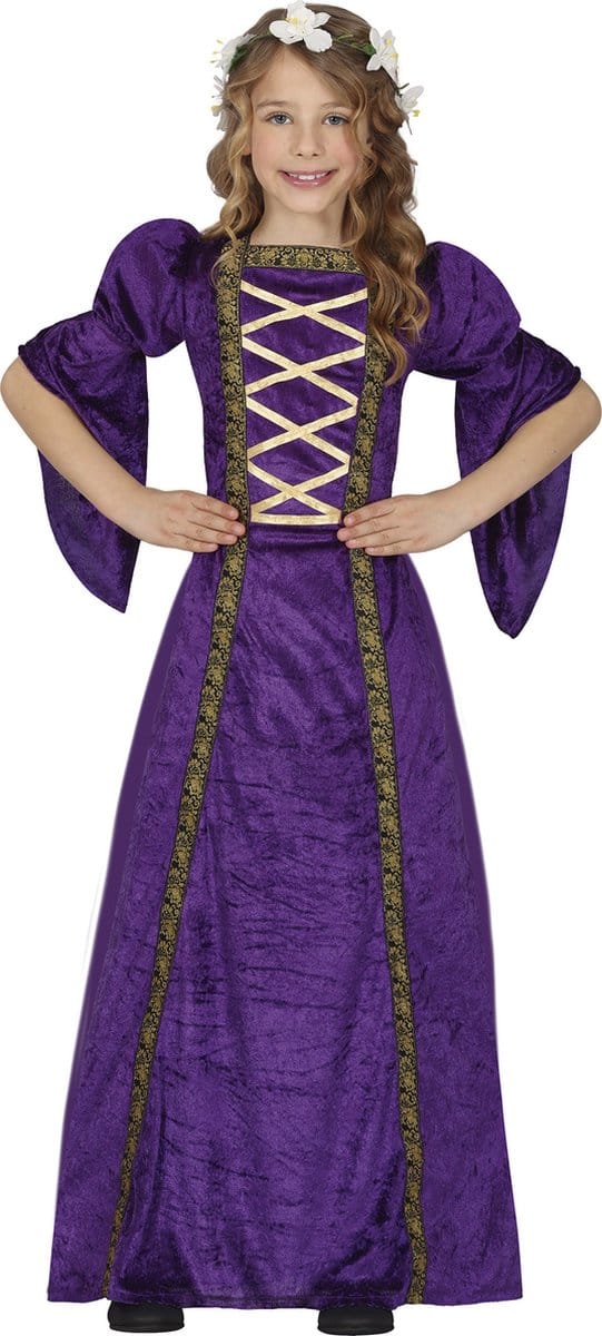 Fiesta Guirca Jonkvrouw/middeleeuwse prinses verkleed set - paars - luxe prinsessenjurk - voor kinderen 140/152