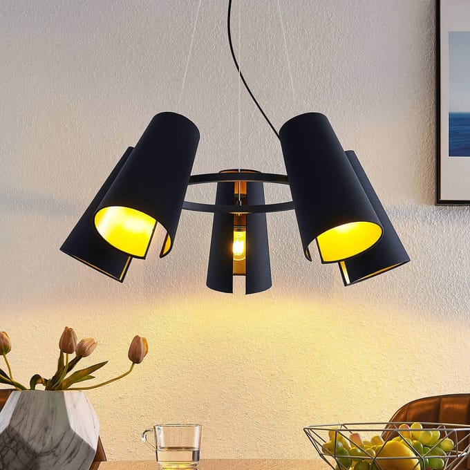 Lucande - hanglamp - 5lichts - ijzer, textiel - H: 28 cm - E27 - zwart, goud