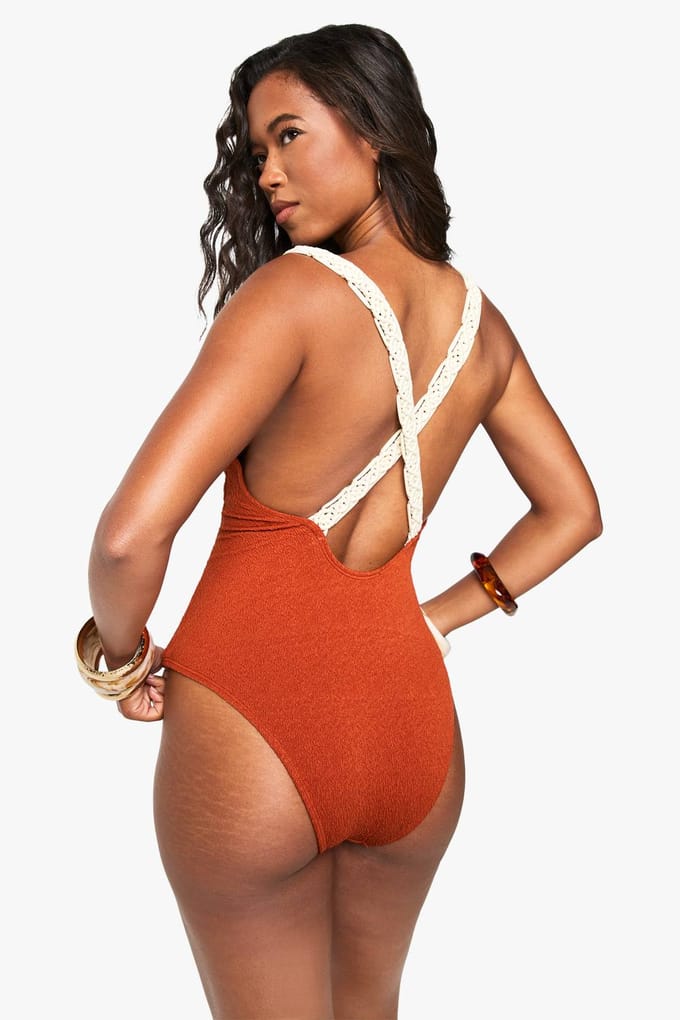boohoo Dames Badpak met macrame band en kruisrug | Chocoladebruin | Maat: 34