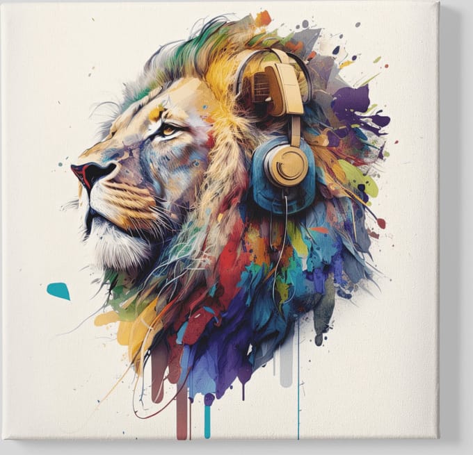 Vierkant Canvas Schilderij - Dieren - Leeuw met Koptelefoon - 60x60x2 cm