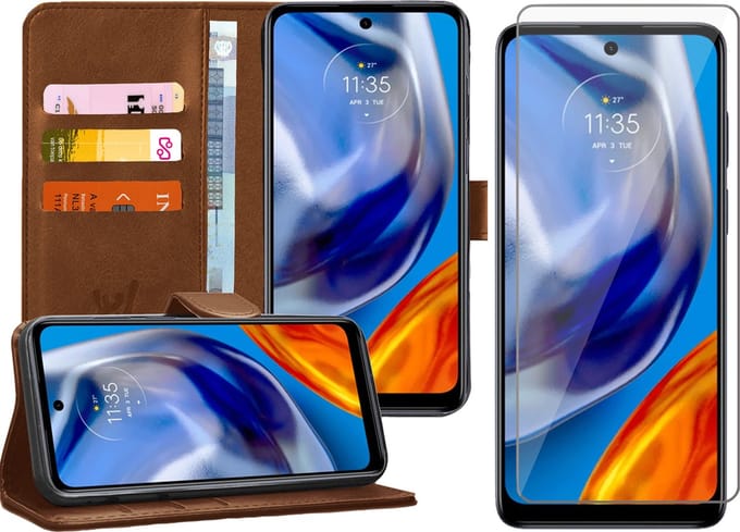 Hoesje geschikt voor Motorola Moto E32 / E32s - Screenprotector Glas - Portemonnee Book Case Bruin