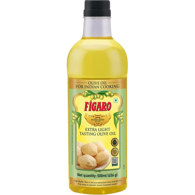 Huile d'Olive Goût Extra Léger Figaro 500 ml Pack de 1 – Parfaite pour la Cuisine Indienne et la Friture yellow