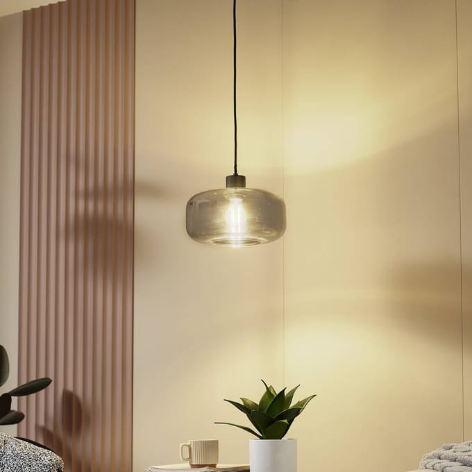 Lindby - hanglamp - 1licht - Glas, ijzer - H: 14.5 cm - E27 - rookgrijs, zandzwart