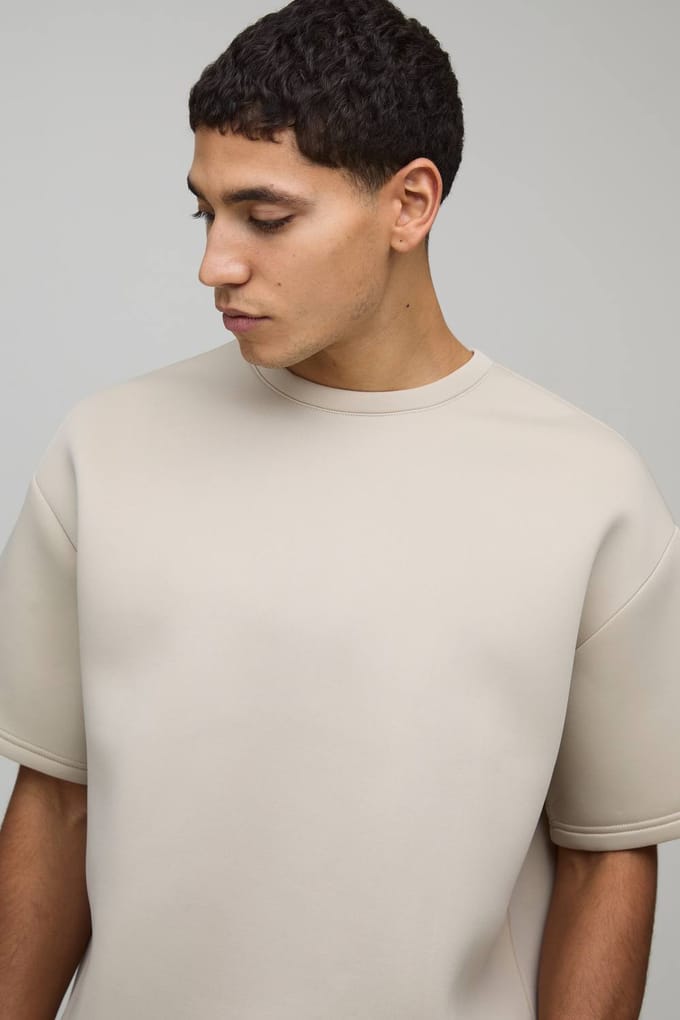 Oversized Boxy Bonded Scuba T-shirt & Ontspannen Short Set | Stone | Size Medium