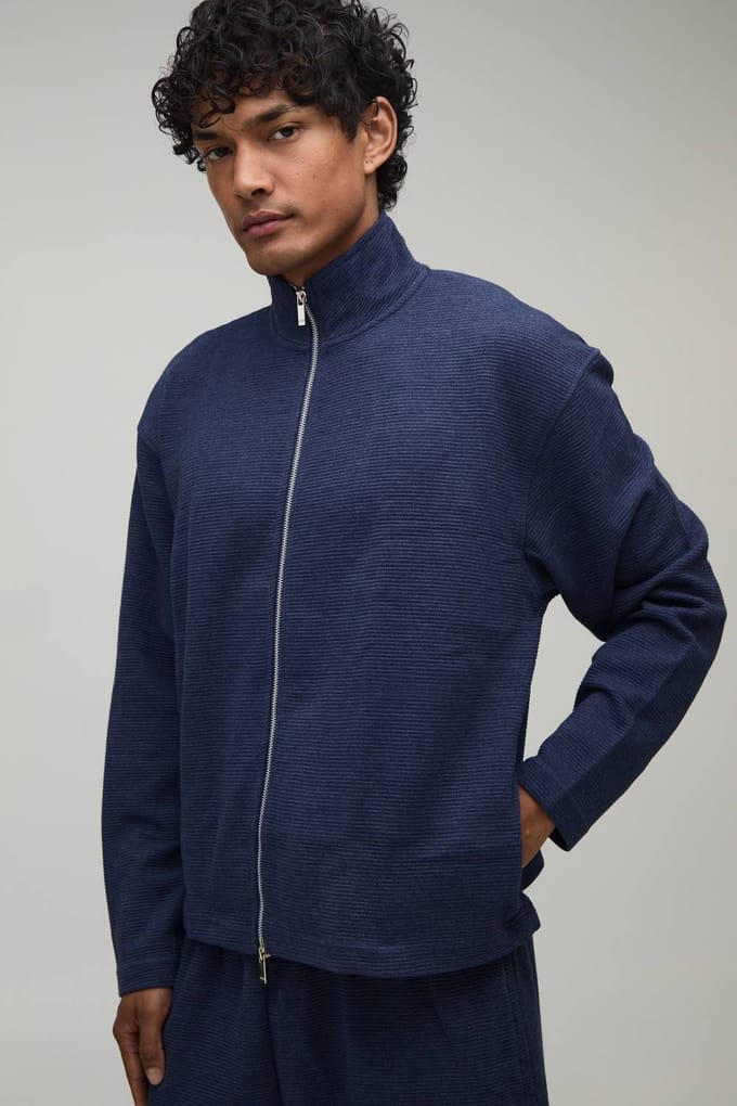 Oversized Boxy Geribbeld Trainingspak Met Dubbele Ritssluiting En Col Kort Model | Navy | Size Medium