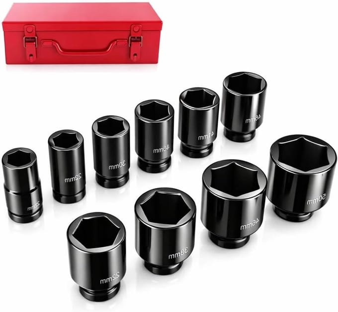 Ratelsleutelset 3/4 Inch: Impact Zeskant Dopsleutel, 6-Punts Doppenset - 10-Delig