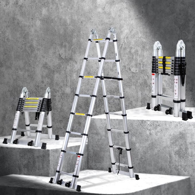 Multifunctionele Telescopische Vouwladder 2,5m + 2,5m Aluminium Antislip Zilver
