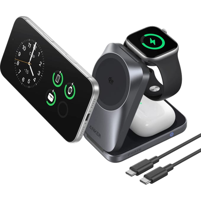 Anker Prime 3-in-1 draadloos laadstation, actieve koeling, compatibel met MagSafeladerstandaard, Qi2.2 25W gecertificeerde opvouwbare lader op handformaat