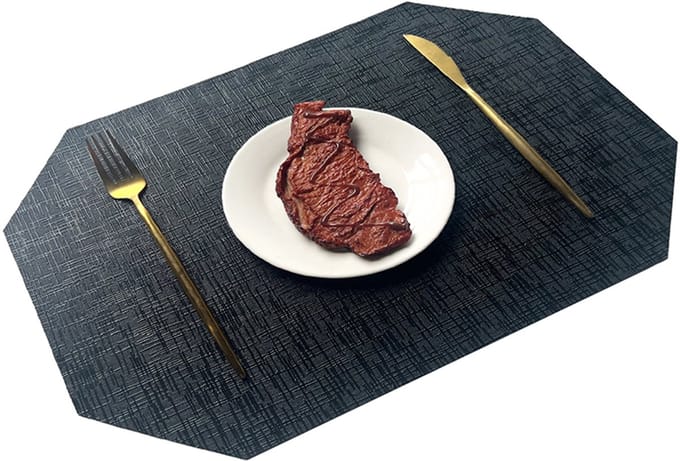 6-Delige Set Zwarte Octogonale Metallic Textuur PU Lederen Placemats - Hittebestendig & Antislip