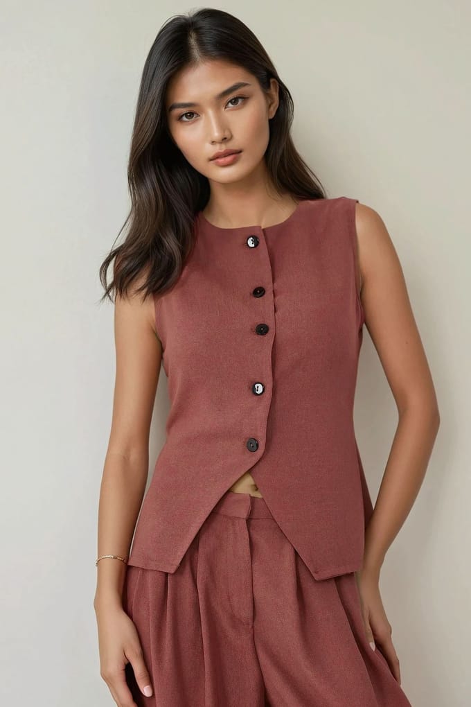 Aangepaste Textuur Crew Neck Vest met Knopen
