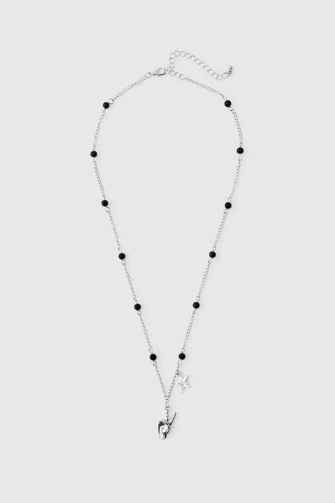 Peace Sign & Star Beaded Necklace | Silver