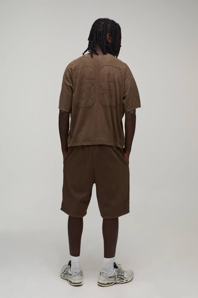 Oversized Boxy Appliqué Gewassen T-shirt En Short Set | Brown | Size Medium