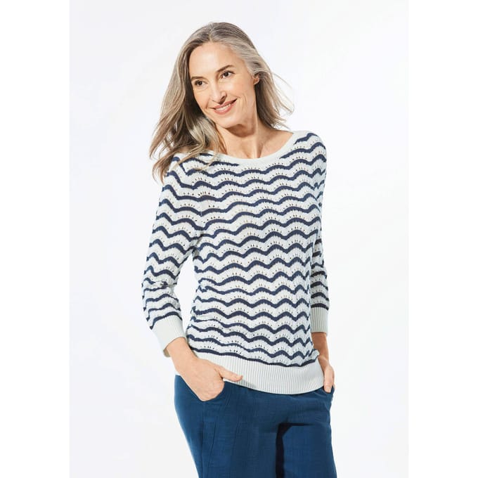 Tricot pullover met 3/4-mouwen - gebroken wit / gedess. - Gr. 46 van Goldner Fashion