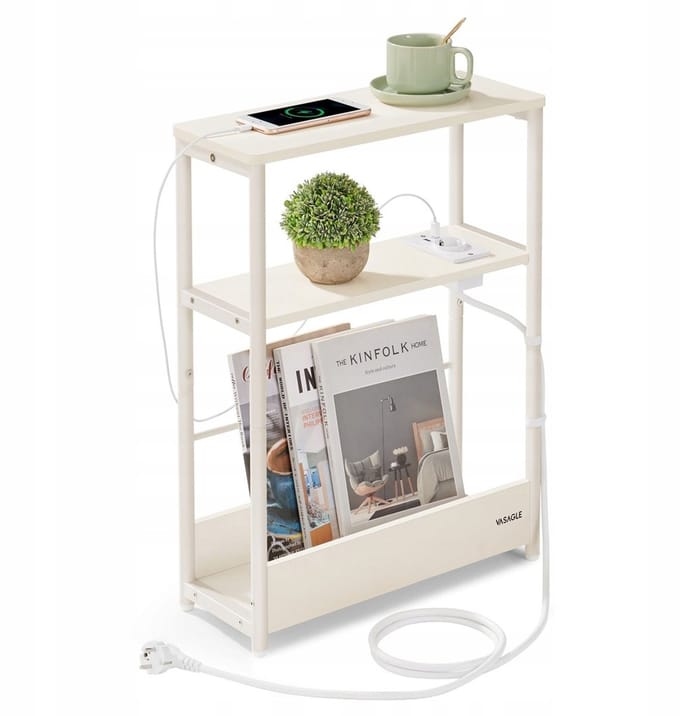 MAZAZU - Bijzettafel smal - Bijzettafeltje met 3 niveaus - Hout en metaal - Beige - 45x18x58 cm