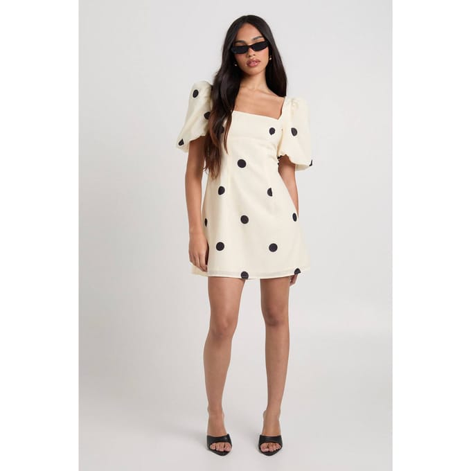 boohoo Dames Grote gestippelde shiftjurk met linnen-look | Natural | Maat: 36