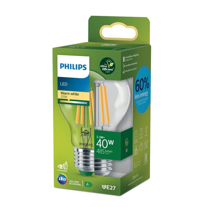 Philips UltraEfficient LED lamp - Transparant - 40W - E27 fitting - Warmwit licht: 2700K - Bespaar op energiekosten