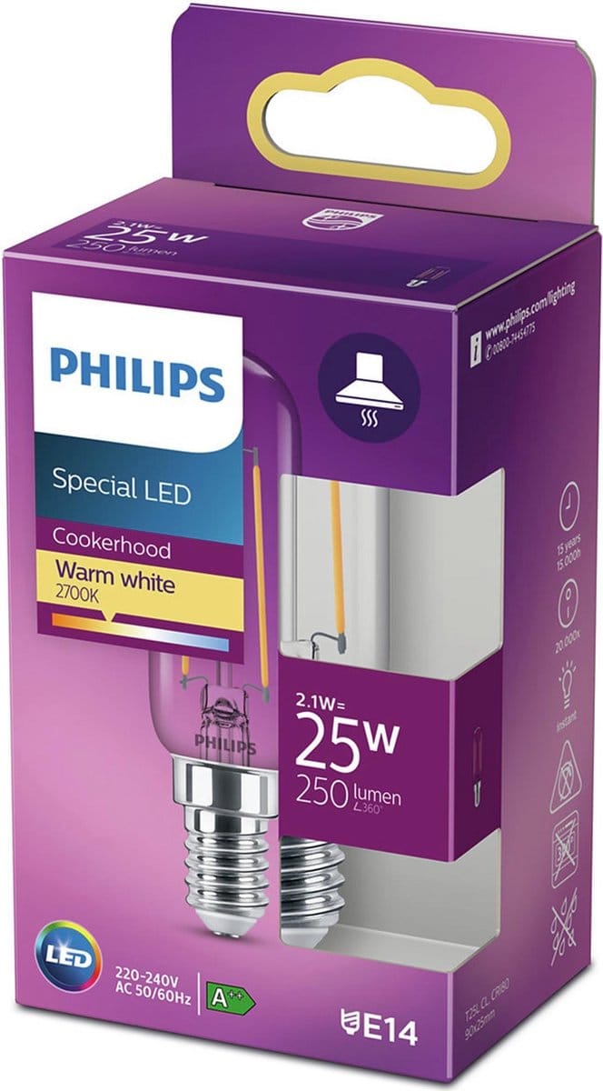 Philips LED lamp - T25 lampvorm - Afzuigkaplampje met E14 fitting - Warmwit licht: 2700K - 25W - Helder glas