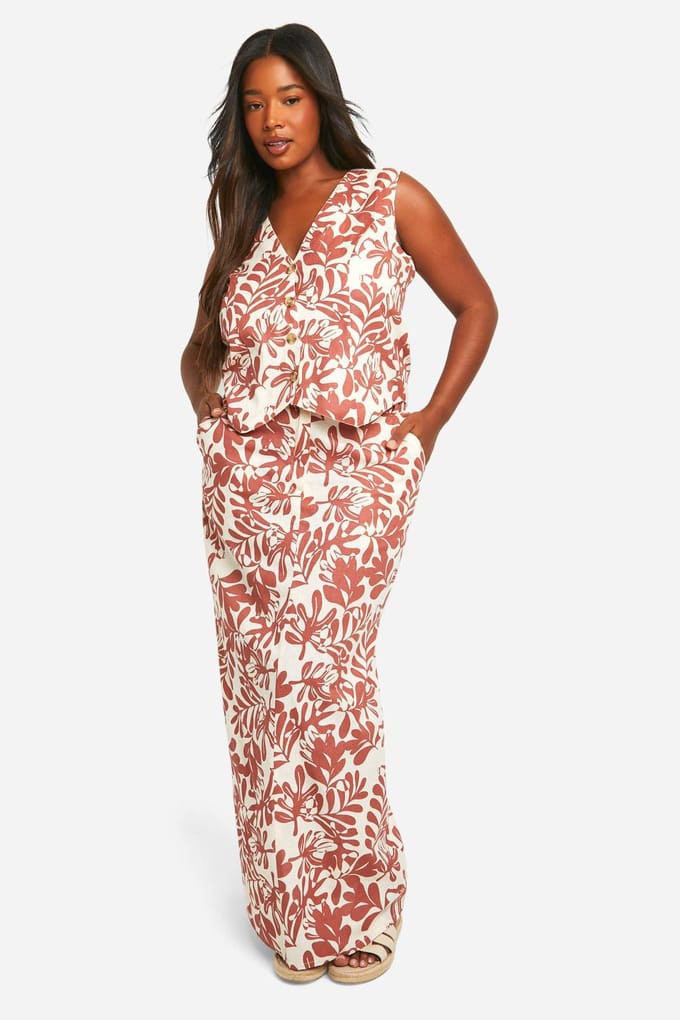 boohoo Dames Plus Linnen-Look Bedrukt Vest | Bruin | Maat: 56