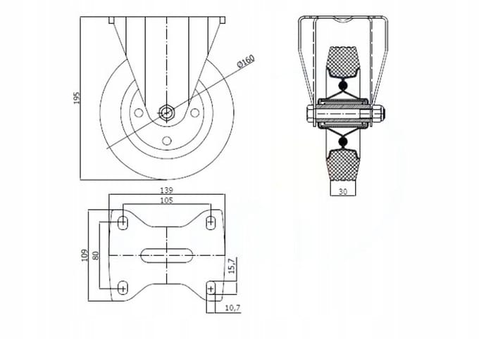 Zwaar metalen rubber wiel met vaste behuizing - 150 kg