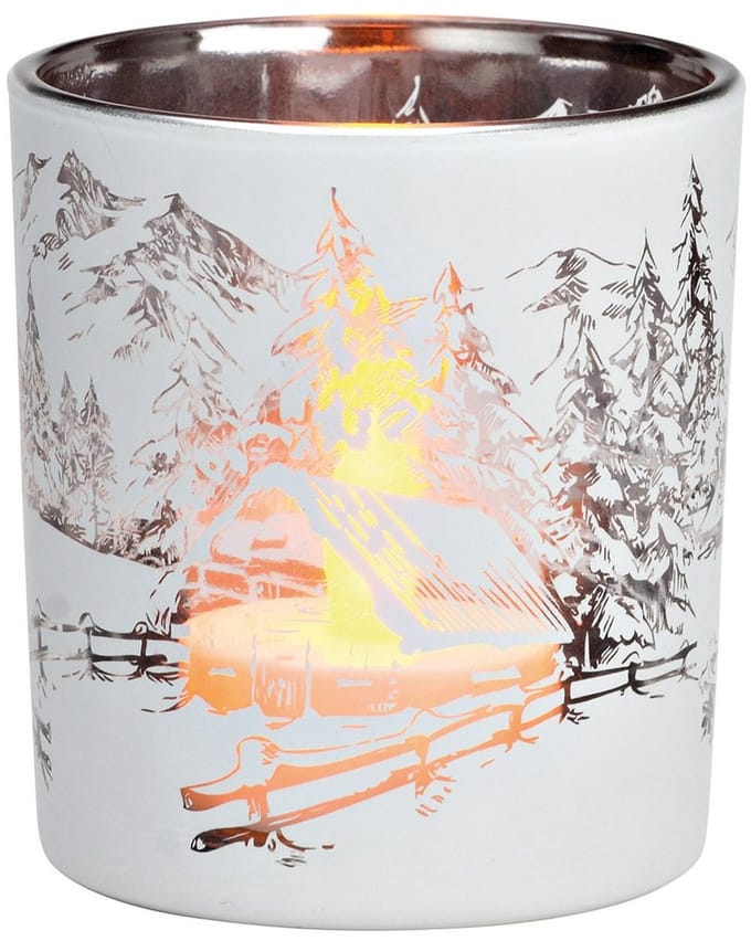 windlicht - waxinelichthouder - Lantaarn winterbosdecor van glas zwart , goud - kerst - bos - MEDIUM