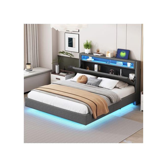 Lit capitonné - MUVOE - 160x200 cm - Prise USB - Éclairage LED - Tête de lit réversible gris