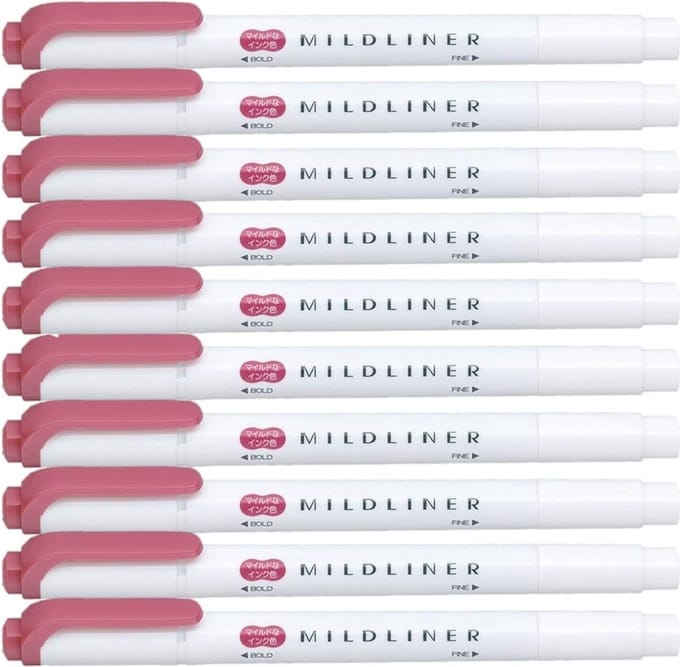 Zebra Mildliner Double-Sided Highlighter - Fine / Bold – Mild Red Set van 10 + een Luxe Zipperbag - WKT7-MR