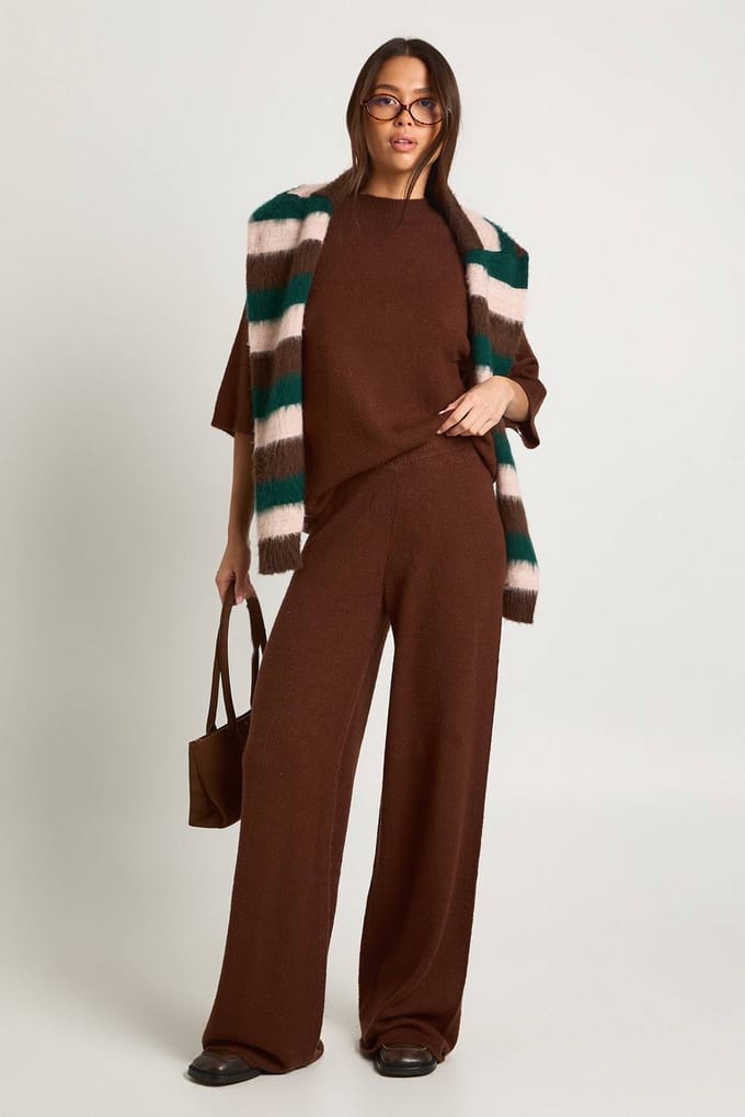 boohoo Dames Top met korte mouwen en broek gebreide co-ord | Chocolate | Maat: Medium