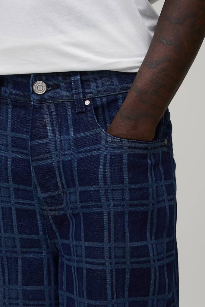 Baggy Check Printed Jeans | Indigo | Size 44
