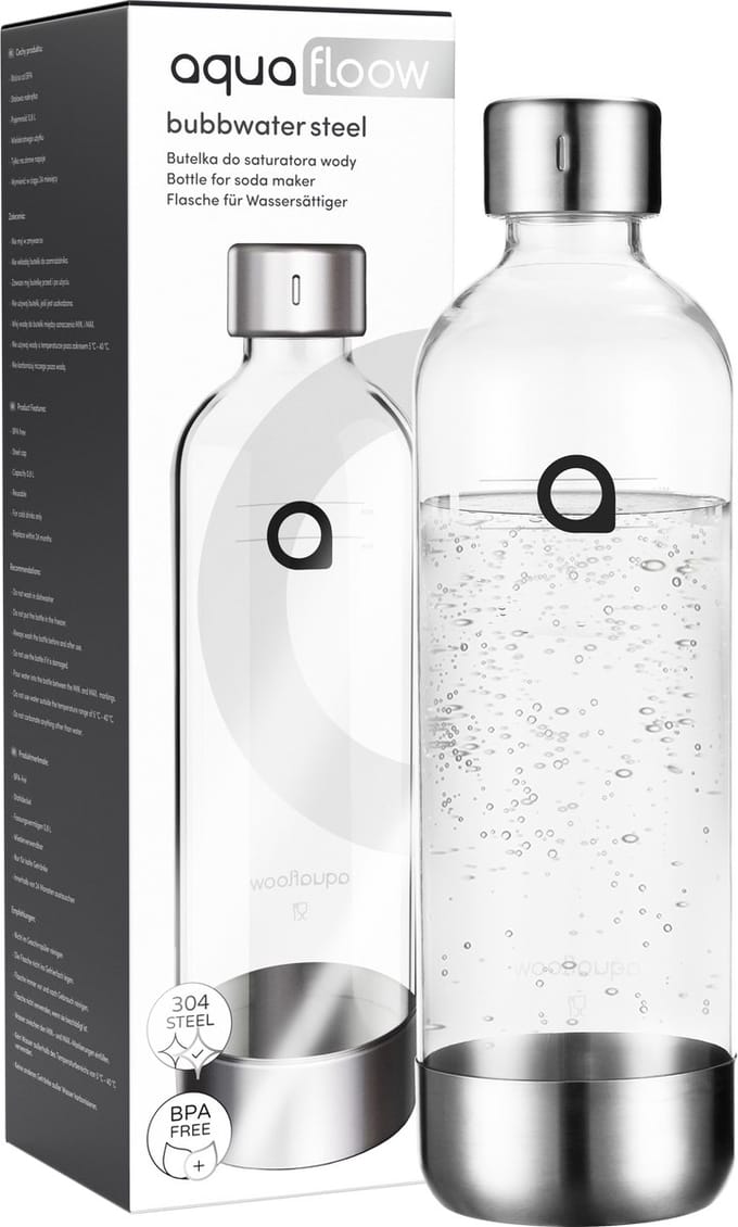 AquaFloow Waterfles voor Sodamaker – 0,8 L – PET met RVS Afwerking – 1 Stuk