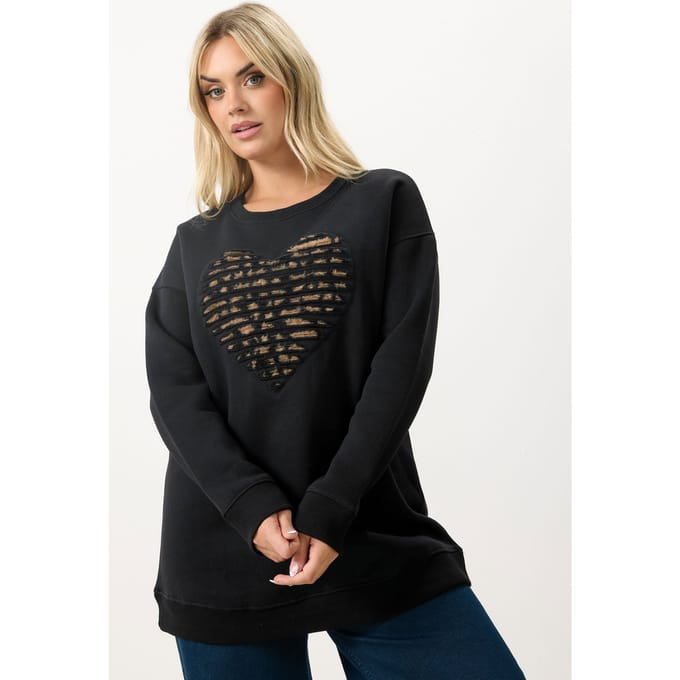 Yours Zwarte Sweater Met Lange Mouwen En Hart In Luipaardprint Size 48